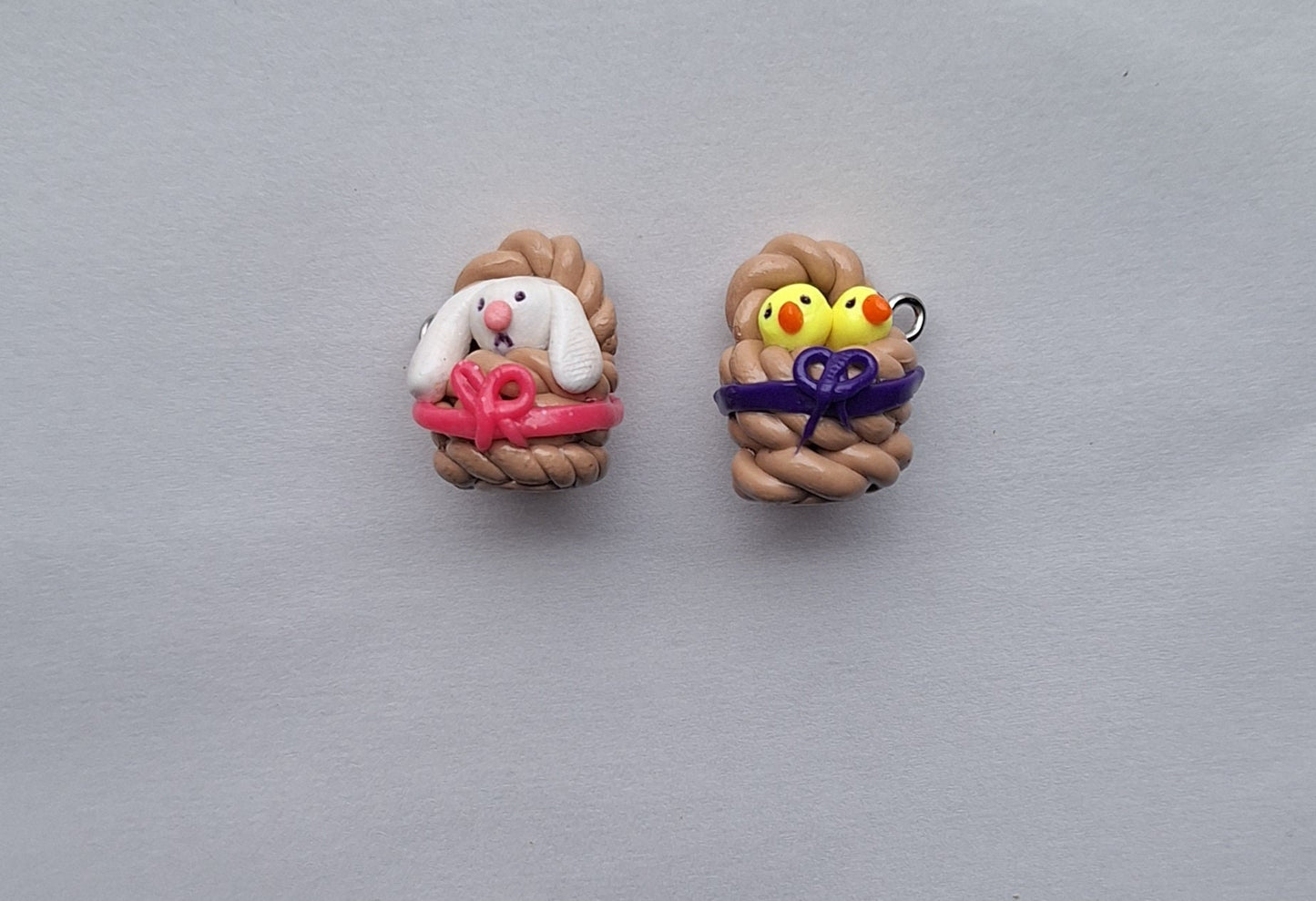 Kawaii chics in basket charms / polymer clay baby chicken charms / bunny in basket easter charms / kawaii chic bunny jewelry stitch marker