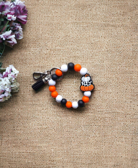 Silicone beaded wristlet keychain / fall halloween beaded wristlet ghost keychain / pumpkin cow print bag accessories key chain gift