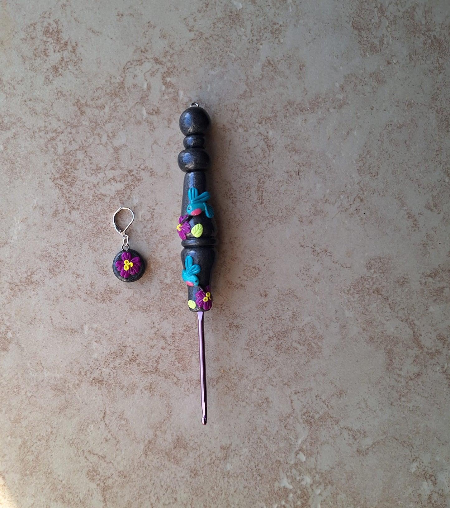 Polymer clay spring summer floral hummingbird crochet hook