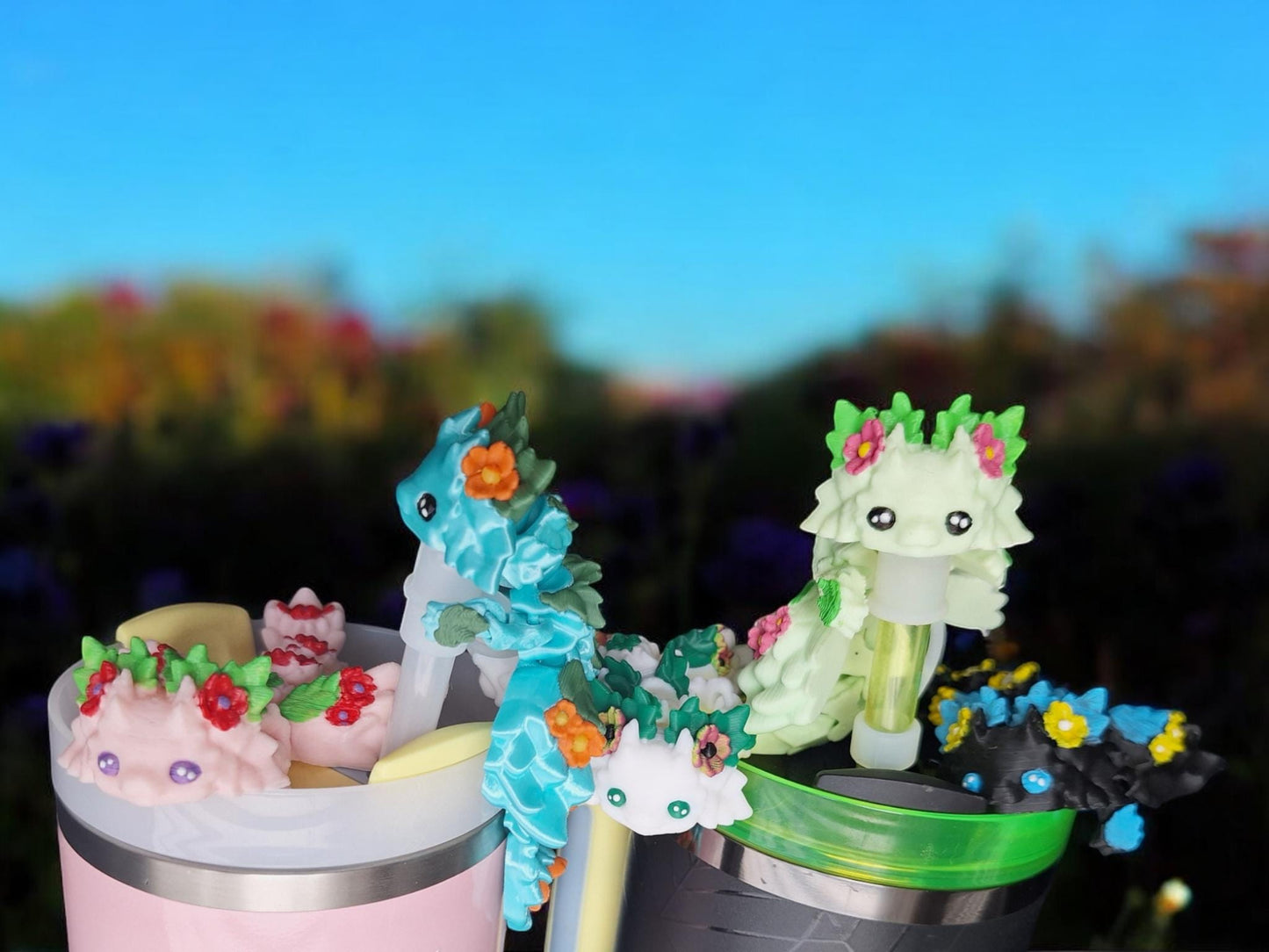 3D articulated floral axolotl dragon kosha / dragon straw cap / axolotl straw topper cover / 3d printed tumbler accessories
