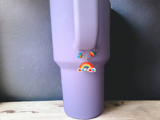 Beaded rainbow tumbler charm / rainbow tumbler charm accessory / faceted clear beaded tumbler charm with rainbow dangle