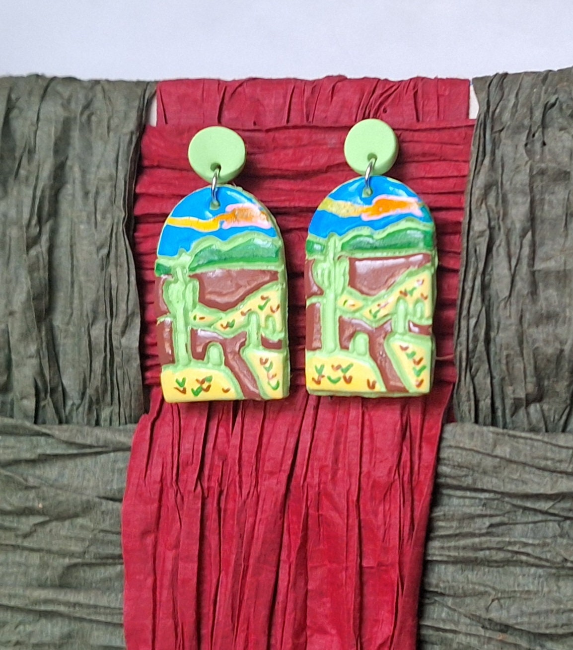 Kawaii scenery vacation spot earrings / polymer clay Saguaro landscape dangle earrings / clay national park jewelry trees earrings