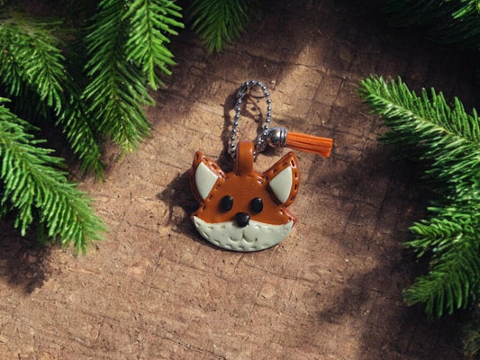 Polymer clay orange fox faux leather look stitch style keychain / cute clay fox bag accessories key chain