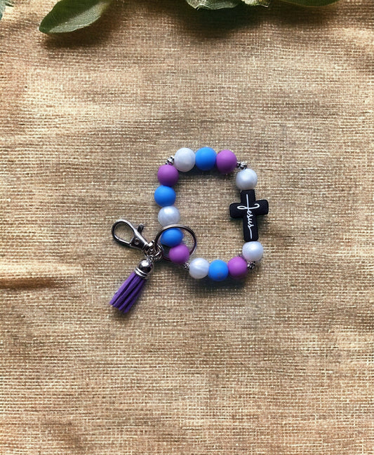 Silicone beaded wristlet keychain / Jesus cross silicone beaded wristlet keychain / religious faith bag accessories key chain gift