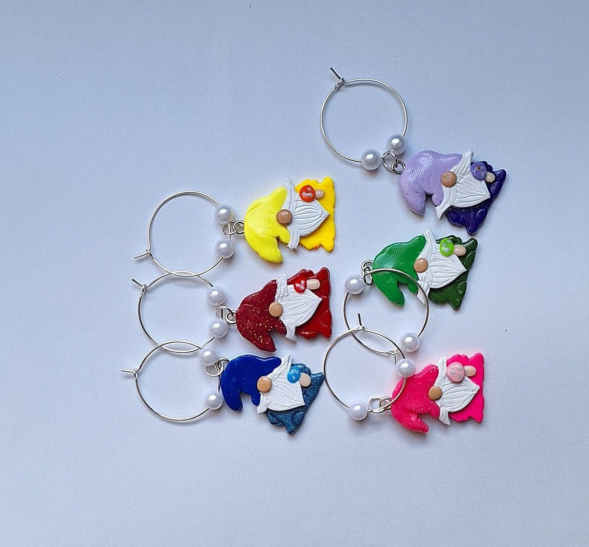 Set of 6 gnome mushroom wine charms / fairy toadstool wine charms / 6 set polymer clay colorful gnome wine charms