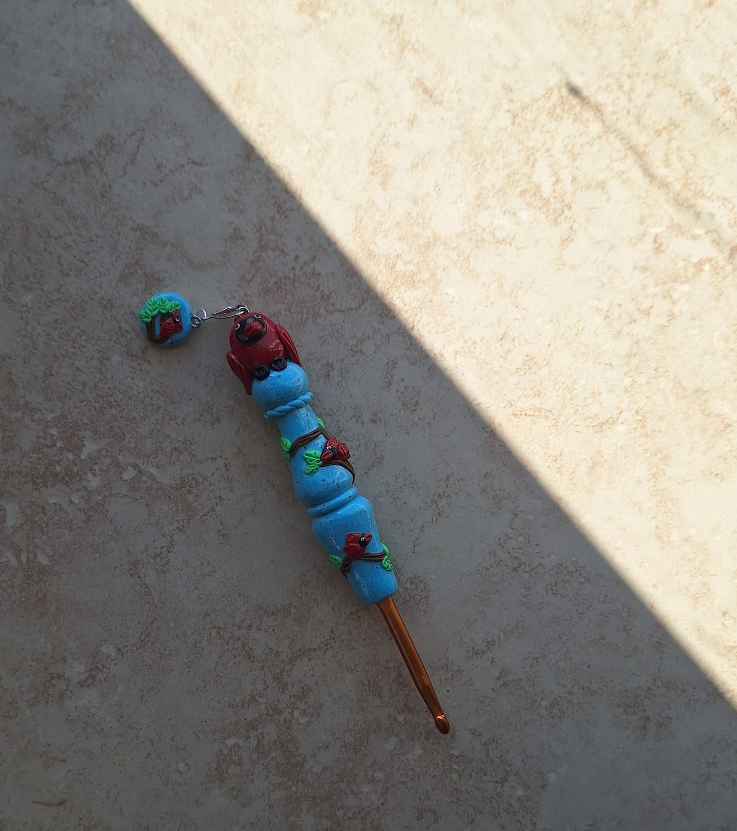 Polymer clay cardinal bird on turquoise clay crochet hook