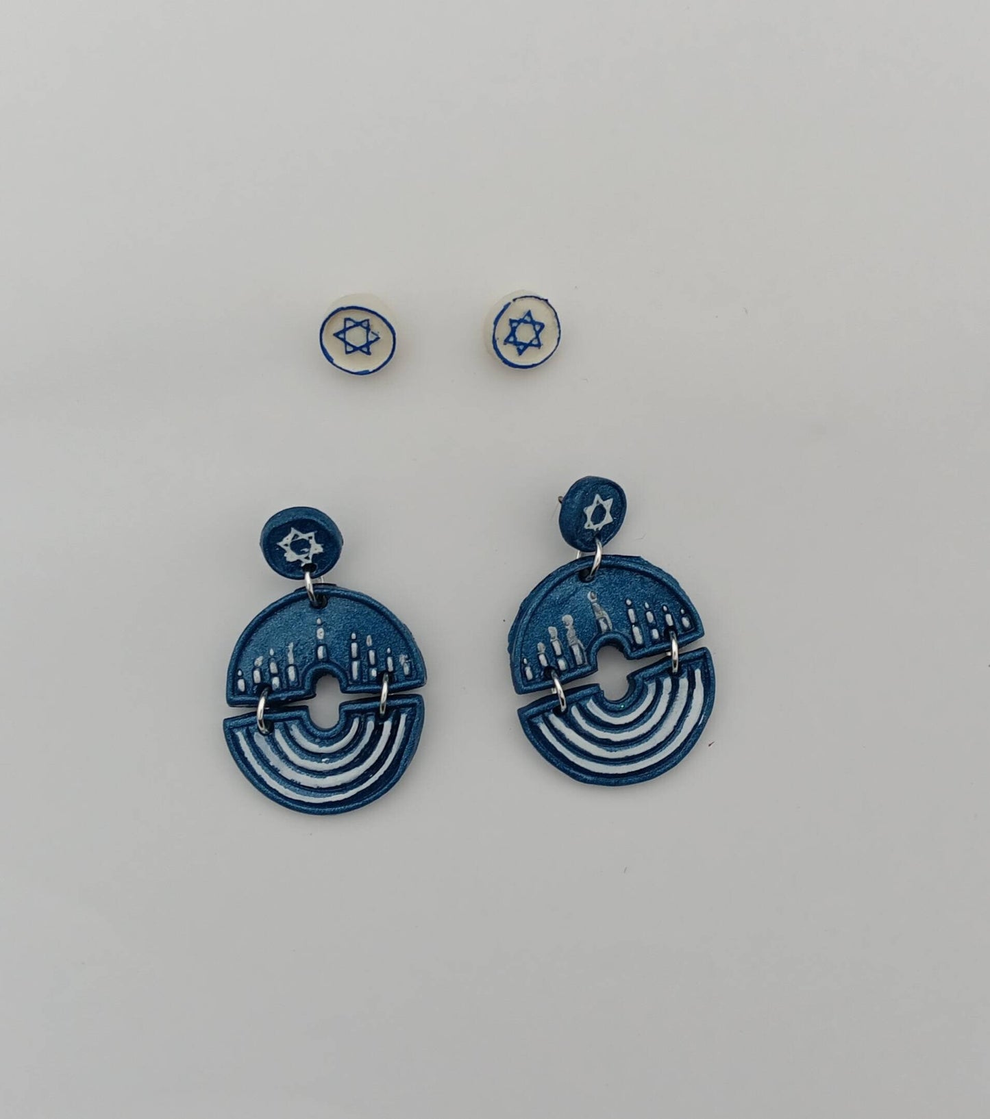 Kawaii blue silver white menorah earrings / clay menorah dangle earrings / clay Hanukkah earrings / clay star of David  jewelry