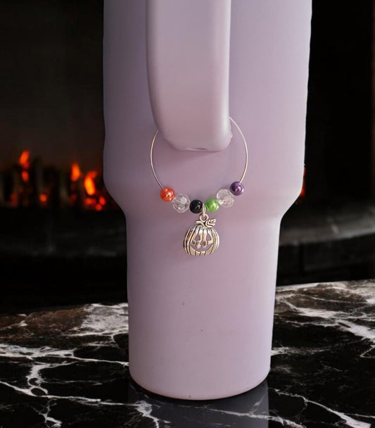 faux pearl autumn pumpkin charm tumbler accessories tumbler charm  buddy / silvertone jackolantern halloween cup handle charm
