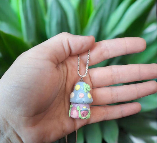 Polymer clay mushroom toadstool jewelry jar / cottage core colorful pastel clay mushroom necklace / functional necklace / pendant gift
