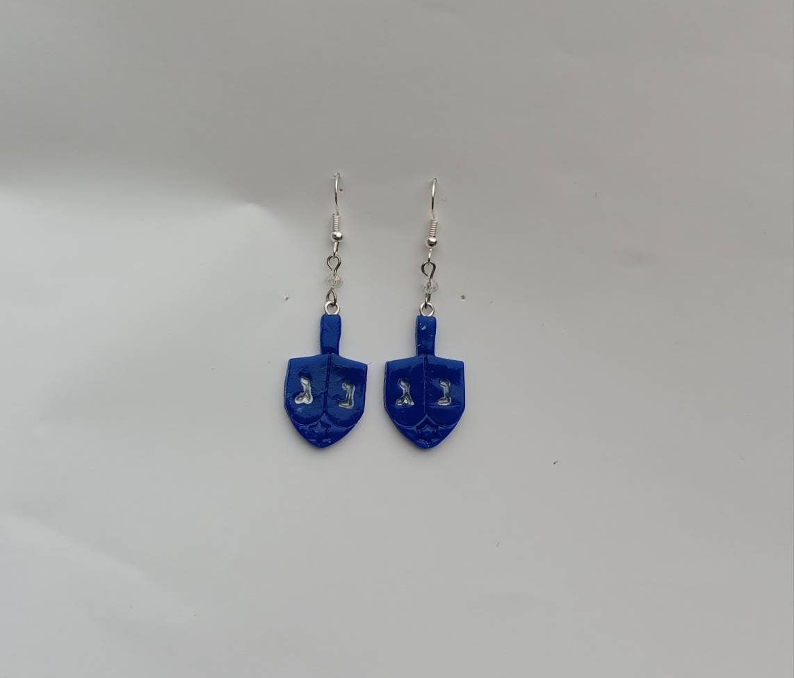 Kawaii blue silver dreidel earrings / clay dreidel dangle earrings / clay Hanukkah earrings / clay holiday Hanukkah jewelry