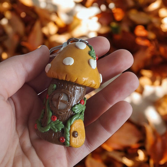 Polymer clay mushroom toadstool keychain jar / cottage core yellow brown fall clay mushroom keychain / functional keychain / key chain gift