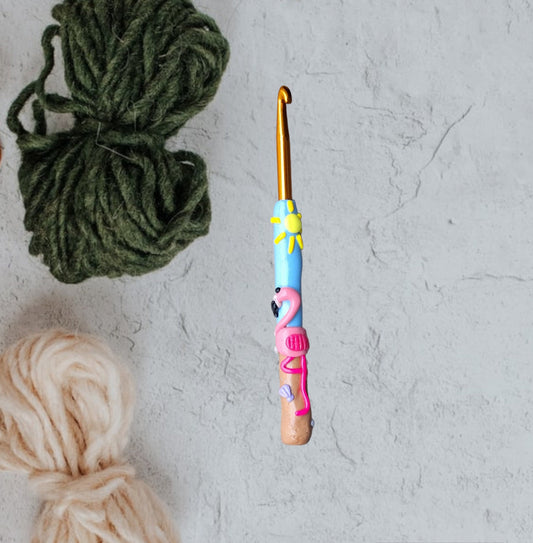 Polymer clay pink flamingo sunshine beach crochet hook