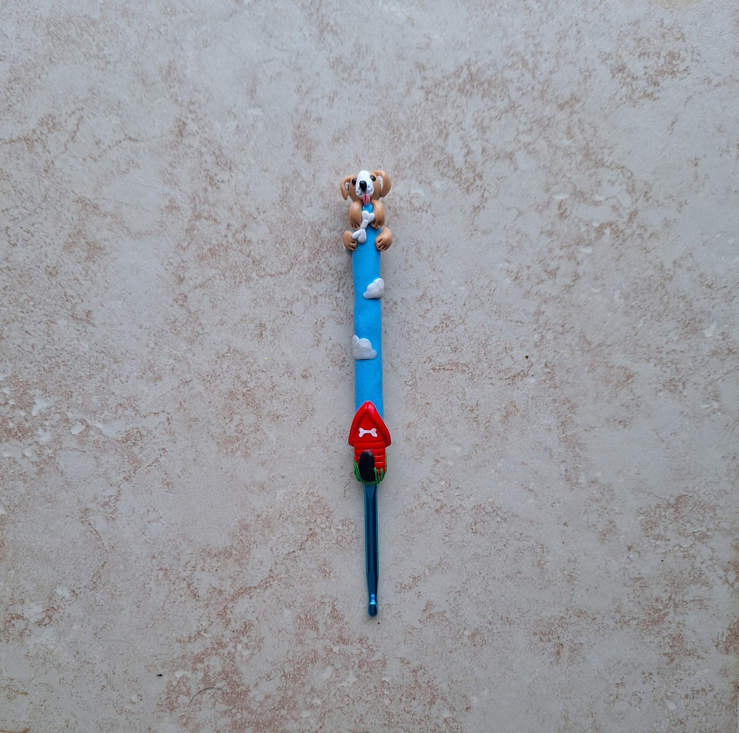 Polymer clay dog clouds red dog house crochet hook
