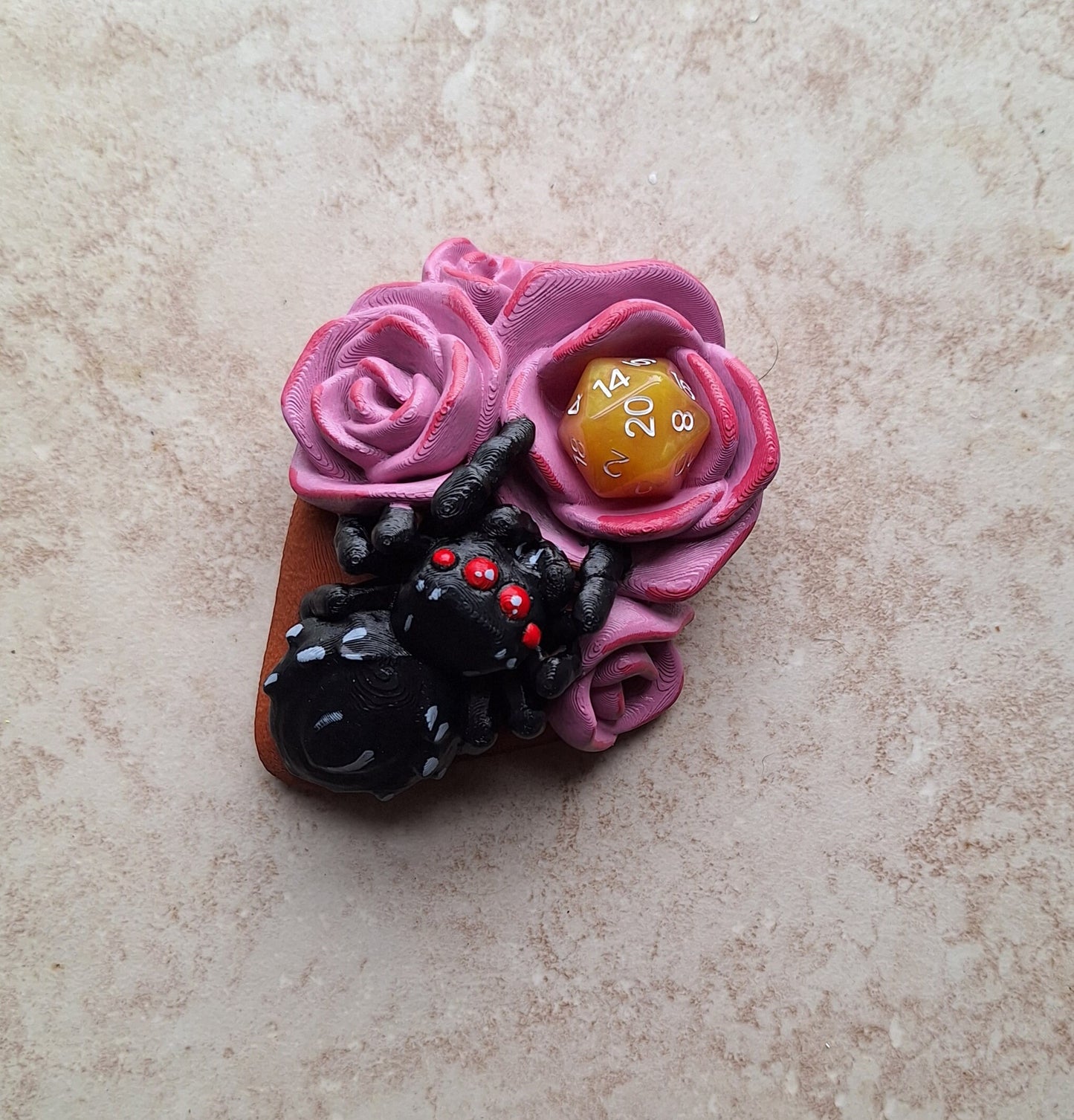 3D printed and painted rose and spider dice holder / 3d spider pink rose dice holder display / 3d printed d20 dice tower holder