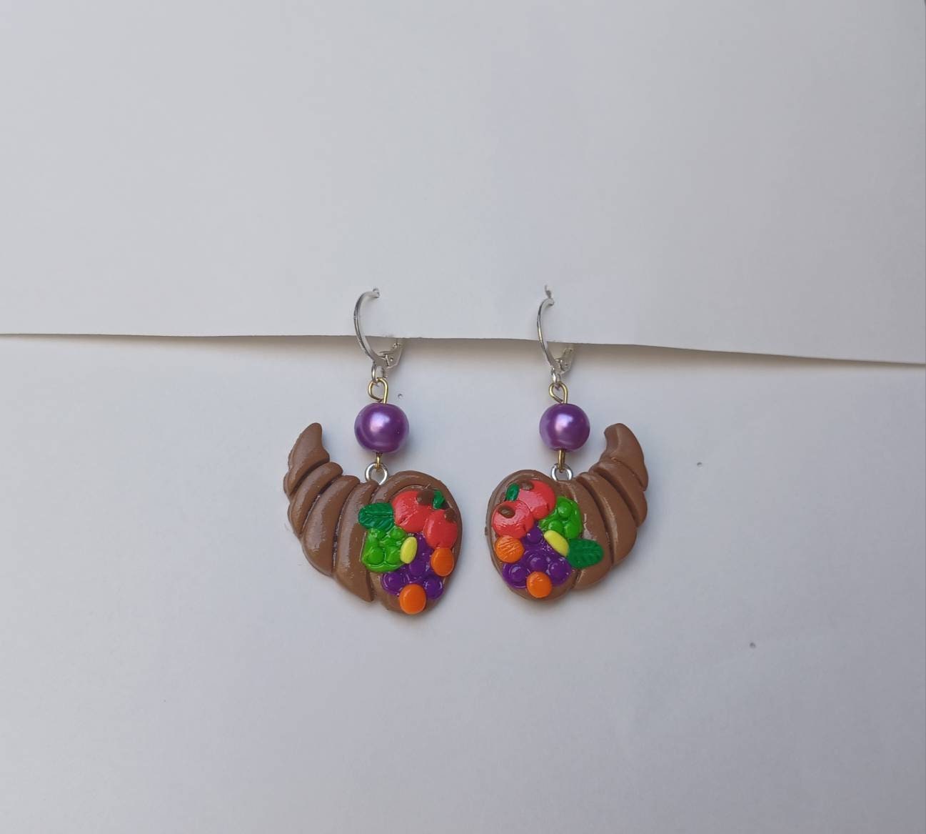 Kawaii cornucopia earrings / polymer clay thanksgiving cornucopia earrings / kawaii Thanksgiving holiday jewelry / holiday earrings