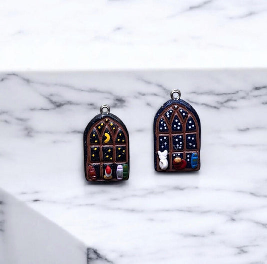 Clay starry night snow window colorful charms / polymer clay Christmas holiday charms /  Cat candle books window charms stitch marker