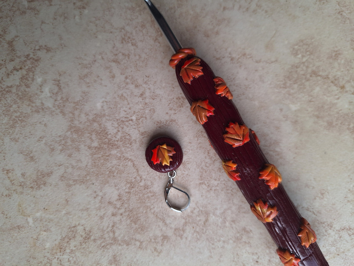 Polymer clay maple leaf fall colorful crochet hook matching stitch marker