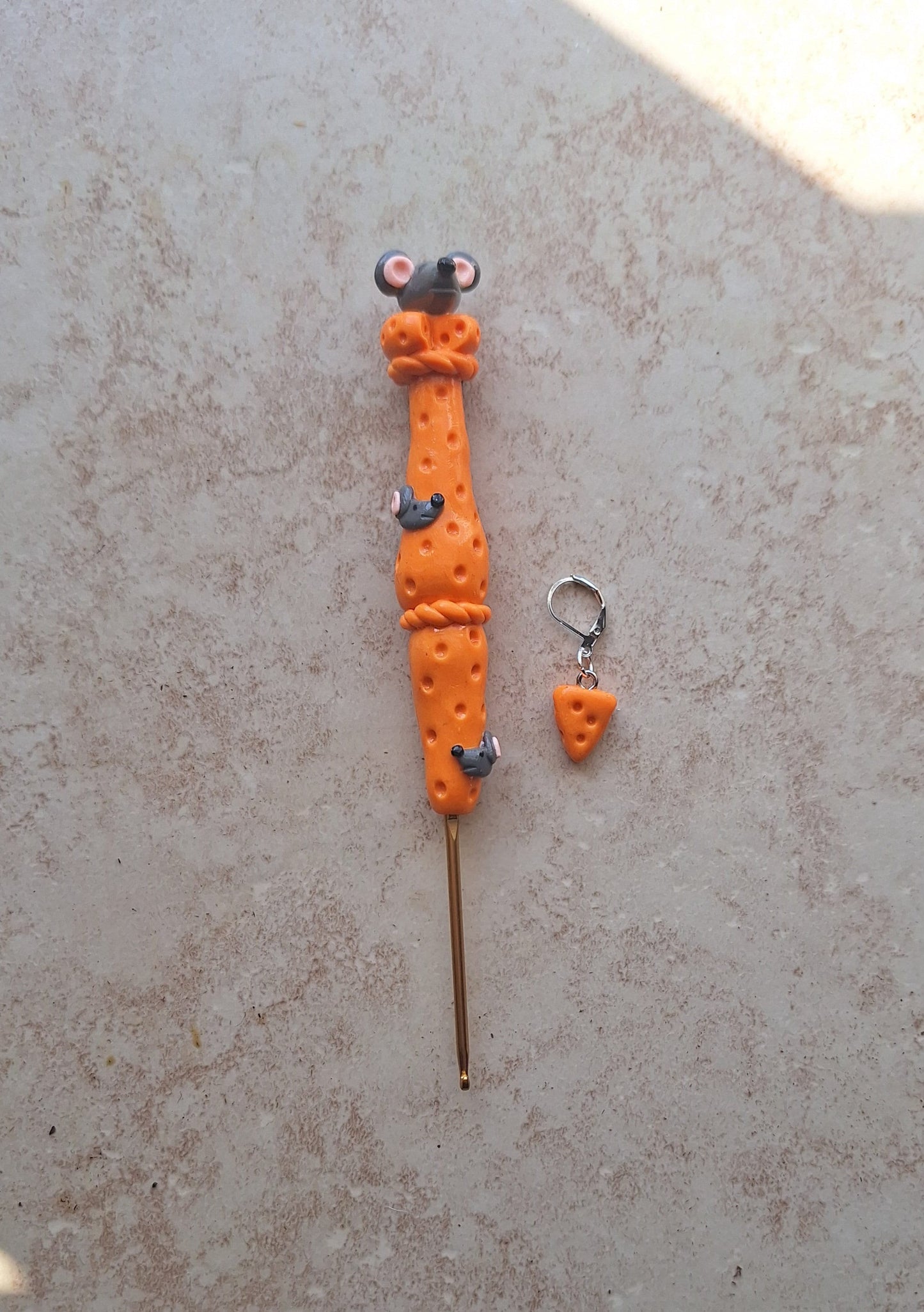 Polymer clay cute mouse in cheese crochet hook