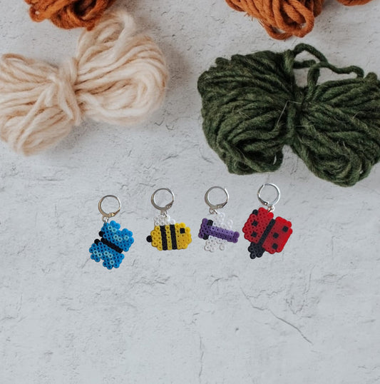 Stitch markers set 4 garden bug bundle / colorful insect spring summer perler bead set of 4 bee butterfly cuties progress keeper pixel style