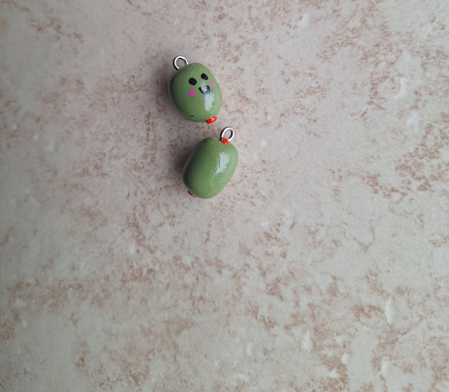 Polymer clay green olive charms / cute kawaii clay olive mini food with face charms jewelry stitchmarker progress keeper notions