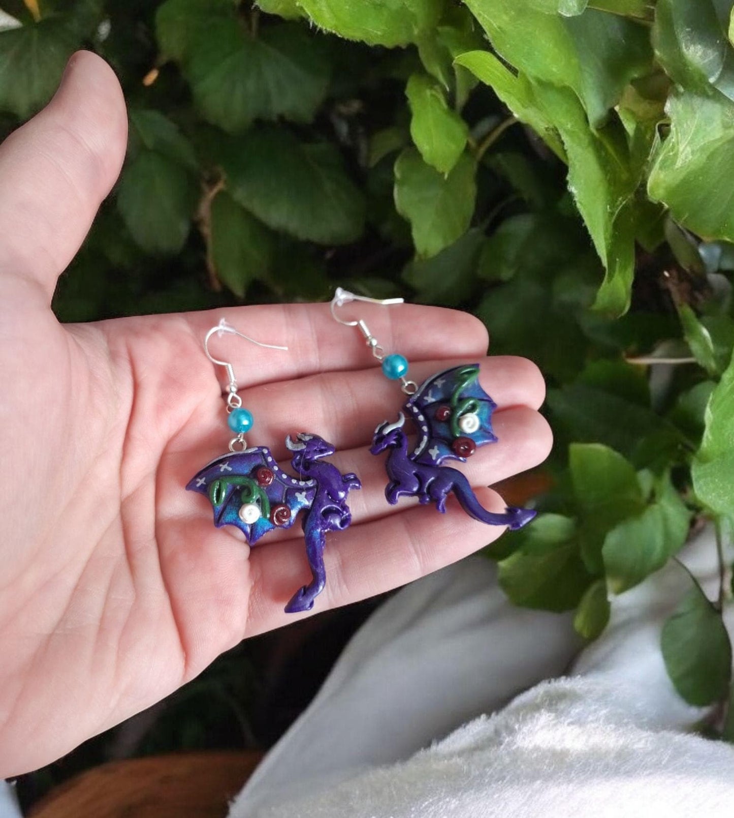 Kawaii clay floral dragon fantasy earrings / polymer rose vine dragon purple earrings jewelry / clay rose fantasy jewelry