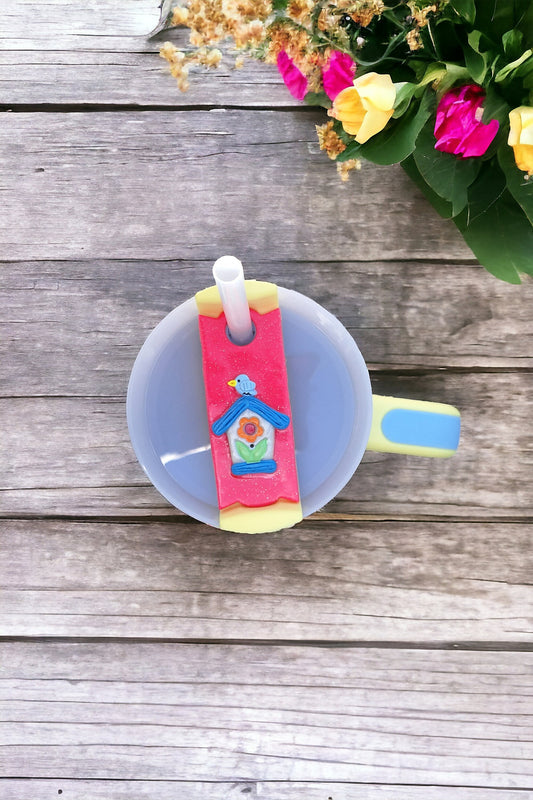 Polymer clay straw tag for stanley tumbler topper / clay tumbler accessories / birdhouse tumbler topper tag / bird house tumbler accessories