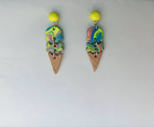 Kawaii ice cream scoop cone earrings / polymer clay ice cream dangle earrings / clay food jewelry / clay neopolitan ice cream earrings