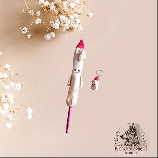 Polymer clay "melting" cute candle with face crochet hook handmade