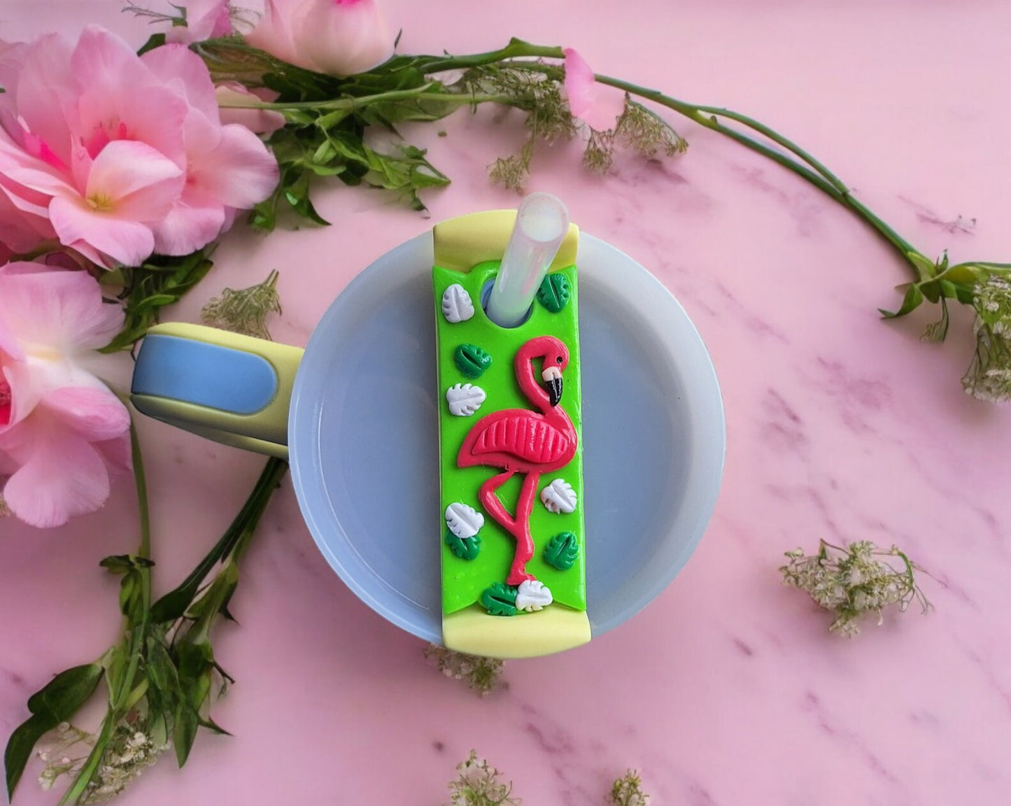 Polymer clay straw tag tumbler topper / clay tumbler accessories / pink flamingo tumbler topper straw tag beach tropical tumbler accessories
