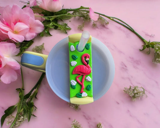 Polymer clay straw tag tumbler topper / clay tumbler accessories / pink flamingo tumbler topper straw tag beach tropical tumbler accessories