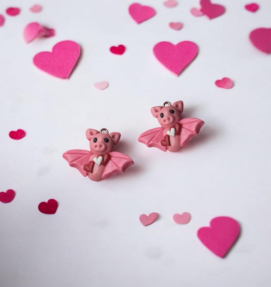 Kawaii clay pink heart bat charm / polymer clay holiday charms / clay charm jewelry / valentine bat charm stitch marker progress keeper