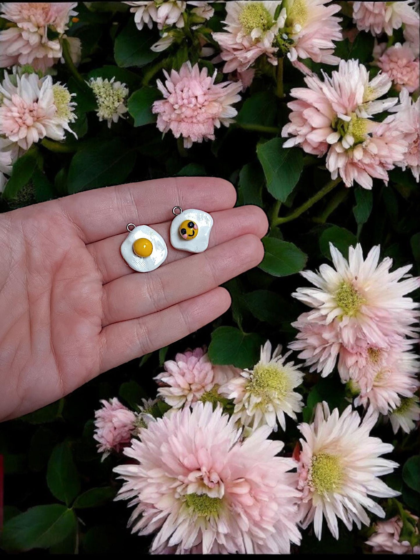 Polymer clay egg charms / cute kawaii clay fried egg food charms jewelry stitch marker progress keeper notions