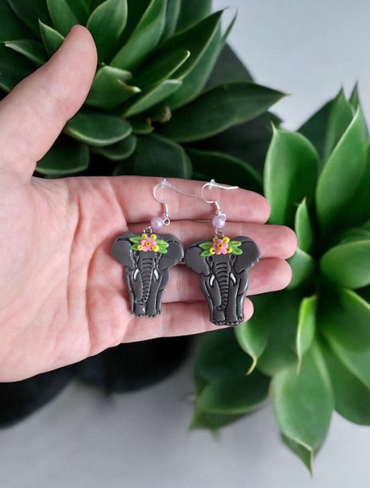 Kawaii floral elephant earrings / polymer clay elephant earrings / kawaii animal jewelry / floral earrings / safari jungle earrings