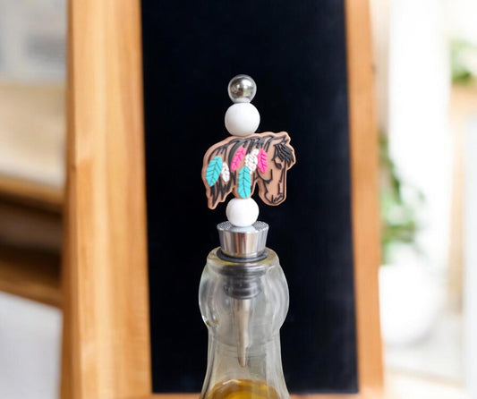 Silicone beaded brown horse wine stopper / horse in feathers wine stopper /  beaded silicone wine stopper top