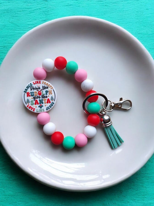 Silicone beaded wristlet keychain christmas beaded wristlet tree keychain / dance like frosty love like Jesus bag accessory key chain gift