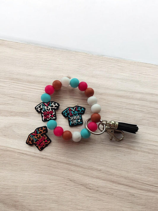 Silicone beaded wristlet keychain / scrub life nurse medical assistant silicone wristlet keychain / leopard print bag accessories key chain