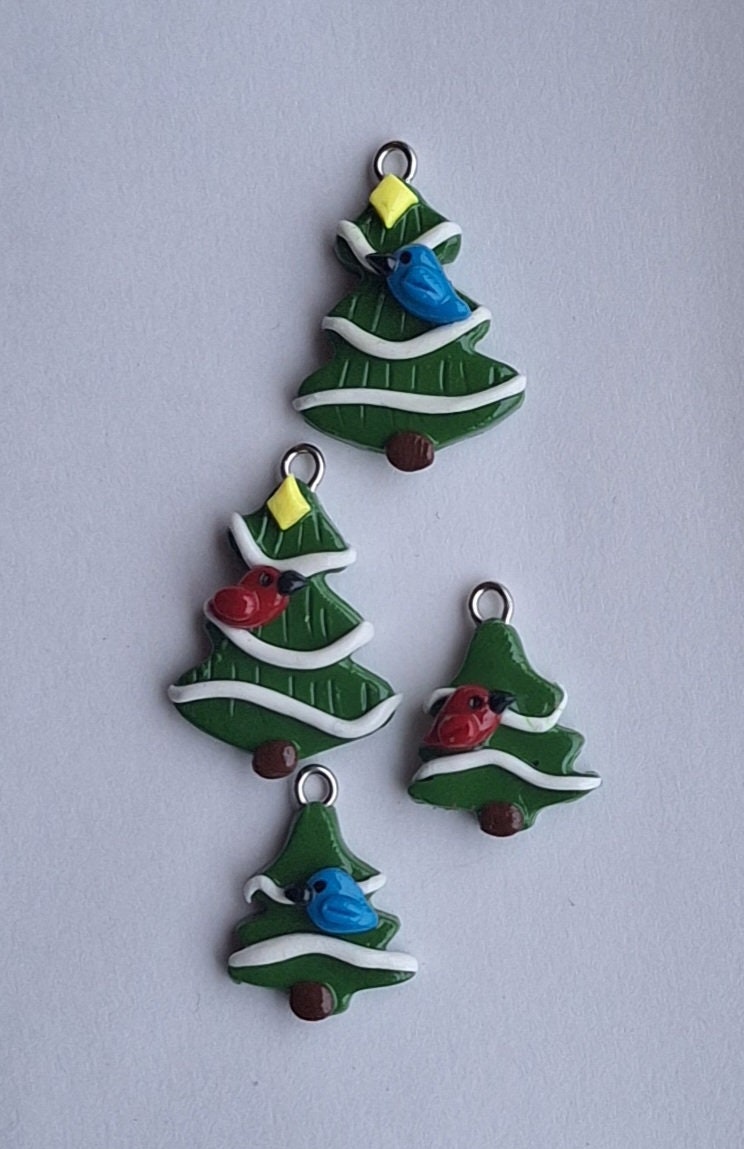 Kawaii Christmas tree charms / polymer clay tree charms / kawaii holiday jewelry / holiday pine tree cardinal blue jay charms stitch marker