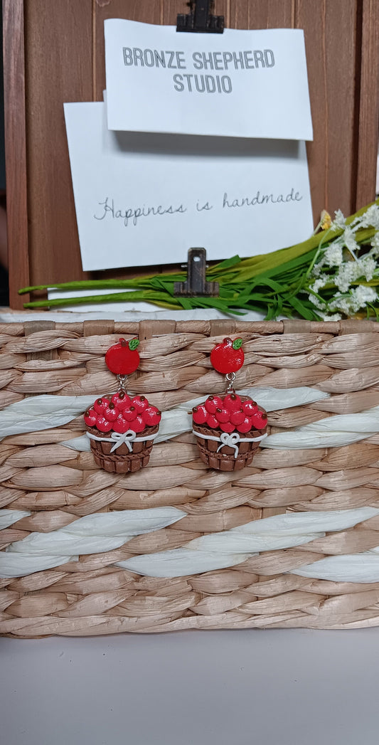 Kawaii apple earrings / polymer clay apple orchard basket stud dangle earrings / kawaii apple fall  jewelry / clay autumn earrings