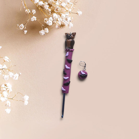 Polymer clay bats on purple crochet hook / purple bat fall halloween crochet hook