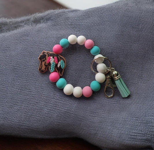 Silicone beaded wristlet / colorful horse with feathers silicone beaded wristlet keychain / country western bag accessories key chain
