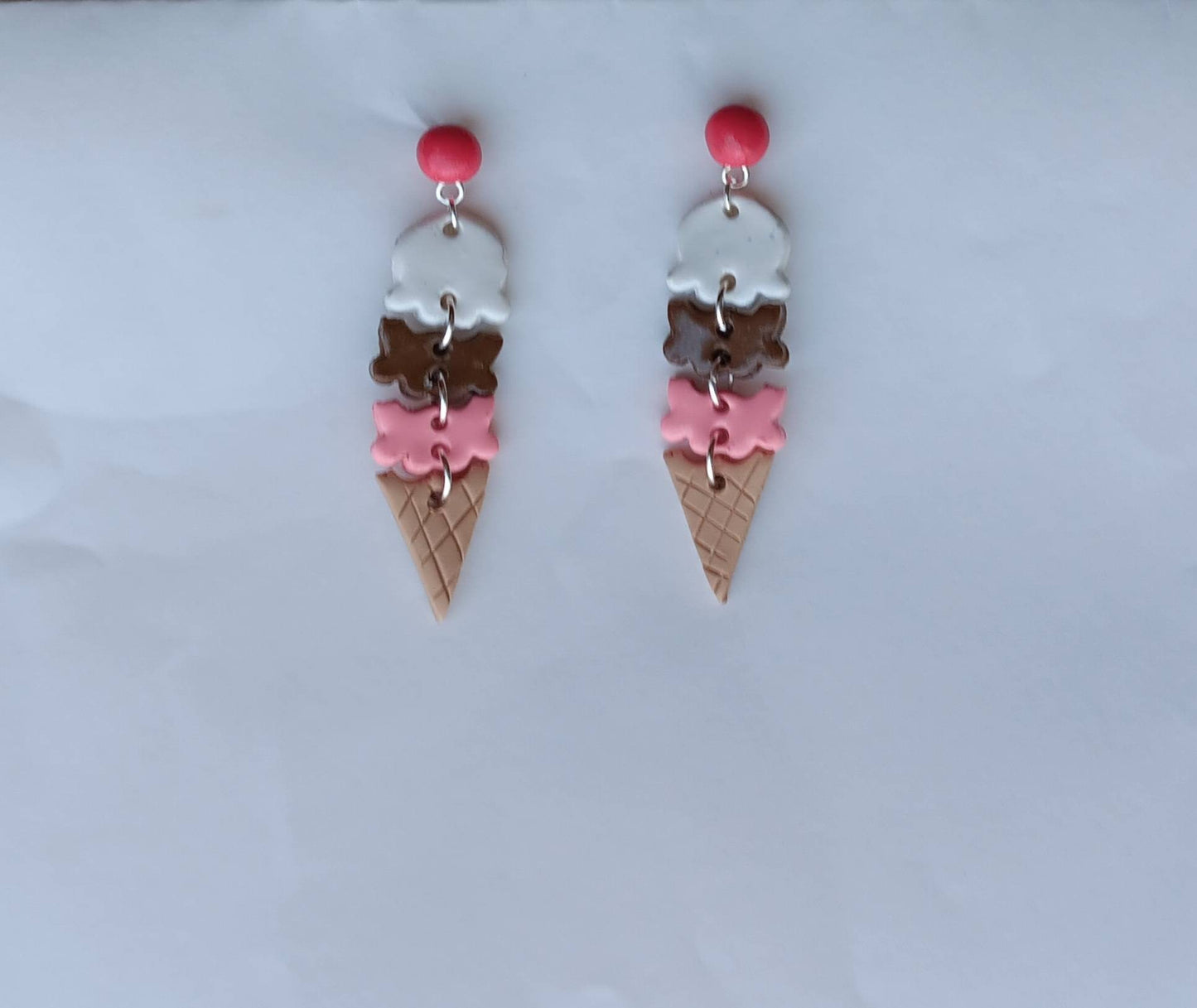 Kawaii ice cream scoop cone earrings / polymer clay ice cream dangle earrings / clay food jewelry / clay neopolitan ice cream earrings