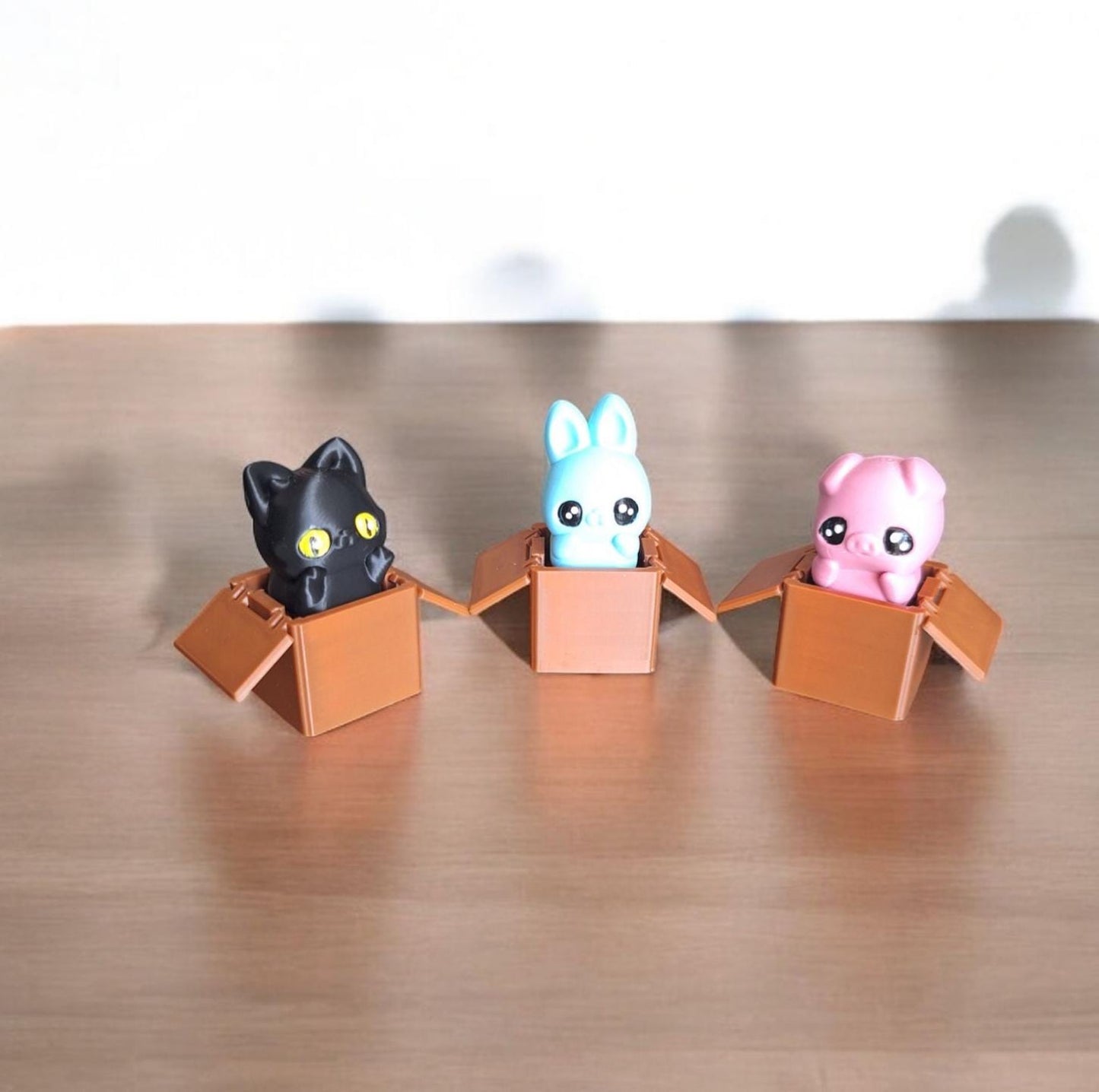 3D printed baby cat pig bunny in box Fidget clicker  / 3d printed animal figurine knick knack Fidget clicker cute spring decor