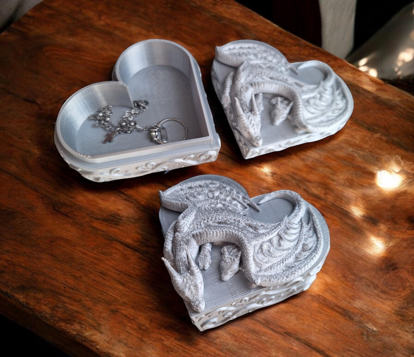 3D printed metallic silver dragon heart box / 3d dragon trinket jewelry box / 3d printed dragon knick knack organizer box