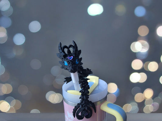 3D articulated black blue dark heart dragon straw cap / 3d printed dragon animals / darkheart dragon straw topper cover Fidget figurines