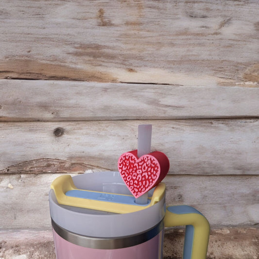 3D printed leopard print heart straw buddy charm tumbler accessories / tumbler charm straw buddy / cheetah heart straw topper charm