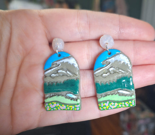 Kawaii scenery vacation spot earrings / polymer clay mount rainier landscape dangle earrings / clay national park jewelry trees earrings