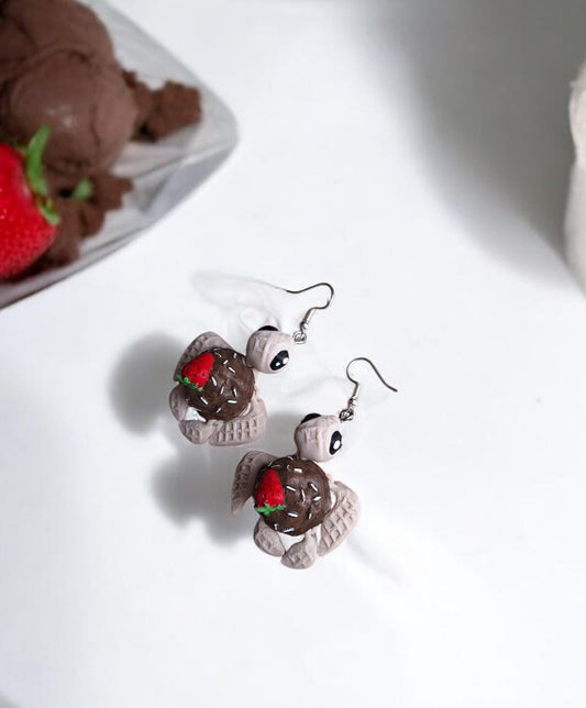 3D articulated chocolate ice cream turtle earrings jewelry / 3d printed turtle animal dessert icecream scoop turtle dangle earrings Fidget