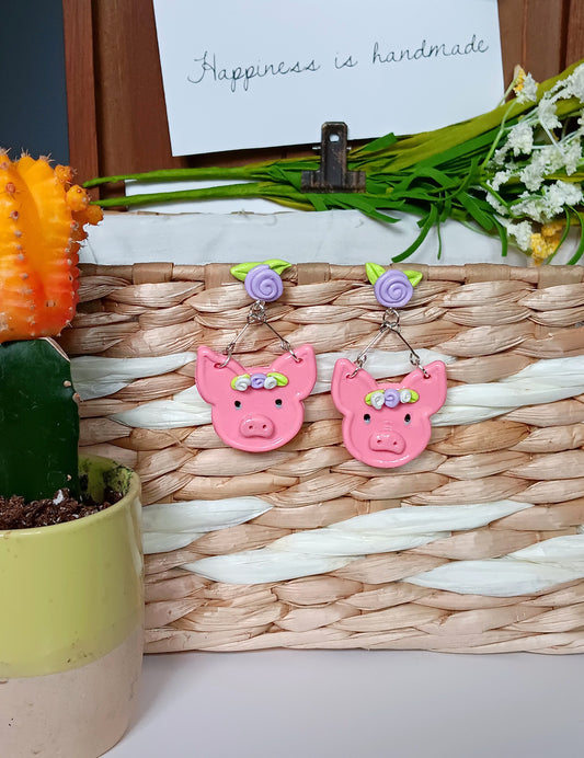 Kawaii floral pig earrings / polymer clay pink pig earrings / kawaii animal jewelry / floral earrings / lavender rose earrings