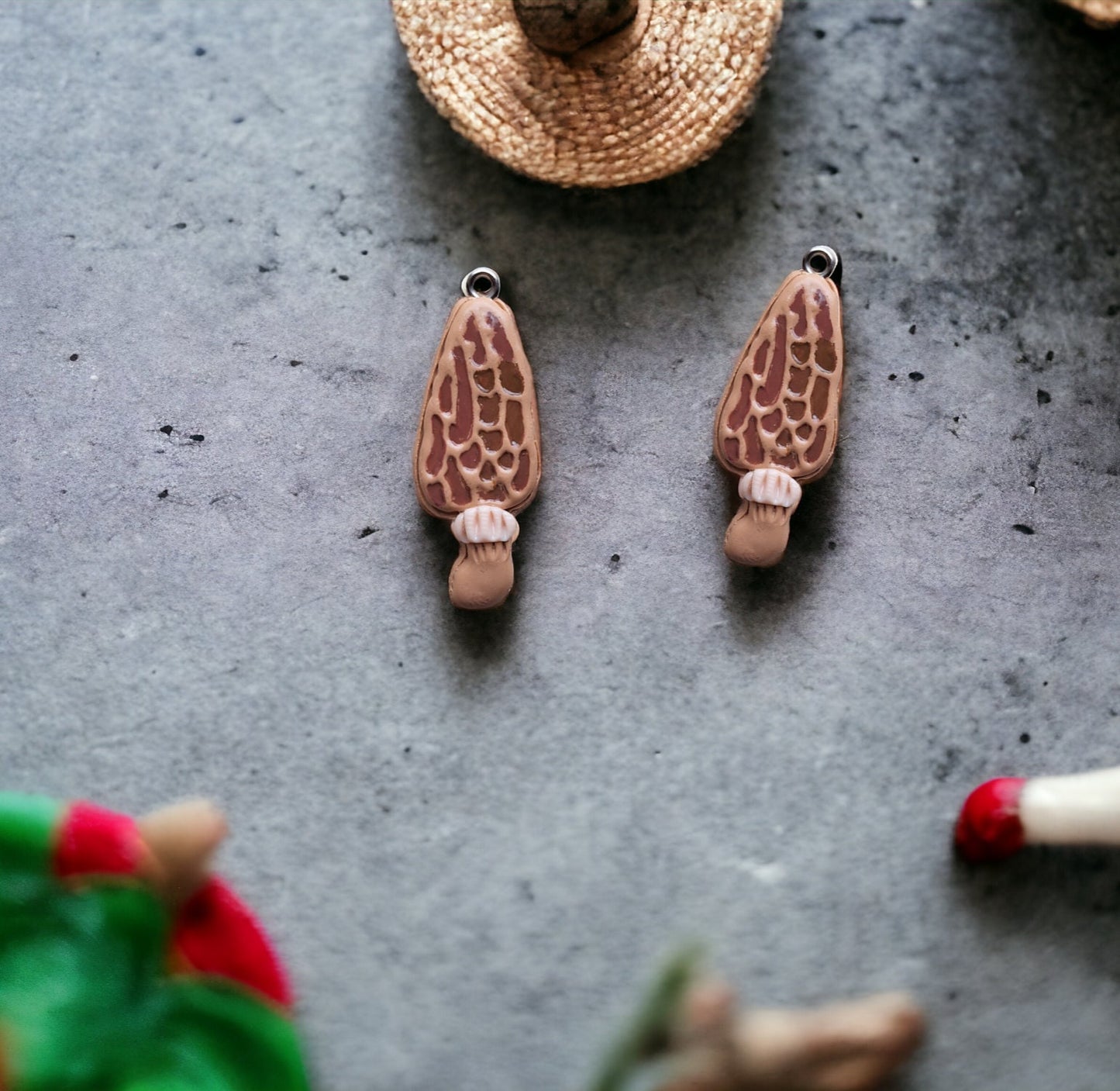 Kawaii fairy morel mushroom toadstool charms / polymer clay toadstool charms / morel mushroom toadstool charms / toadstool charms - brown