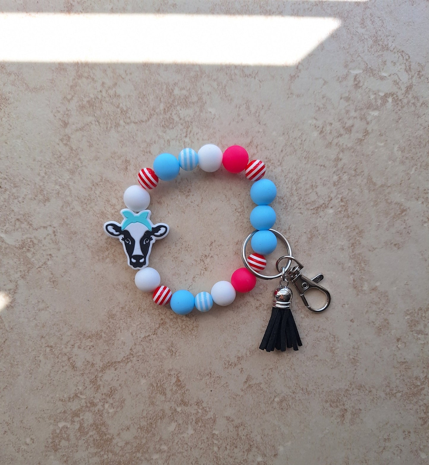 Silicone beaded wristlet keychain / cow with bow red teal silicone beaded wristlet keychain / bows and cows bag accessory key chain gift